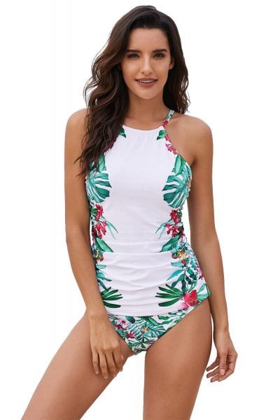 Austen Women's Two Piece Leaf & Flower Printed Ruched Tankini Sets White