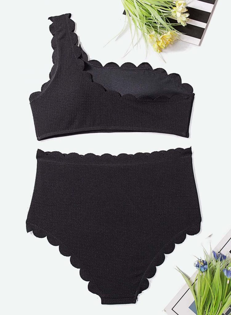 Callaway Womens High Waisted Scalloped Trim One Shoulder Bikini Bathing Suit Black