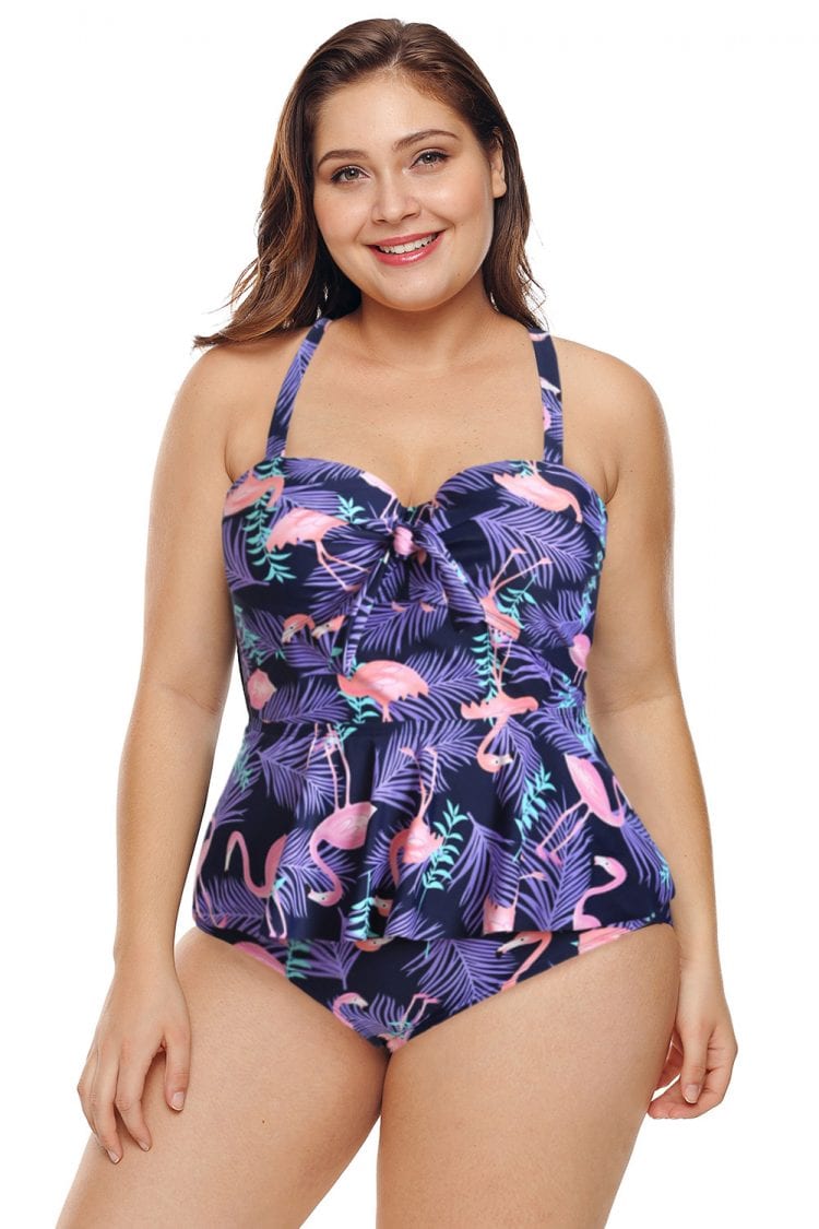 Catherine Adjustable Straps Ruffled Floral Print Plus Size Tankini Swimsuit Set Purple