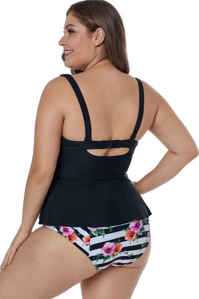 Corey Adjustable Straps Ruffled Tankini with Floral Panty Plus Size Swimsuit Black