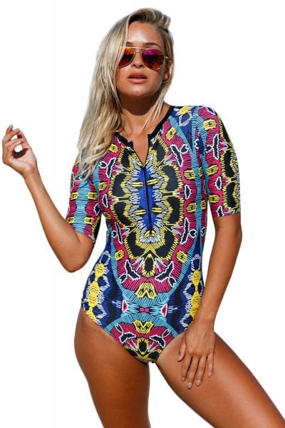 Linnea Women's Zip Front Printed Half Sleeve One Piece Swimwear Black