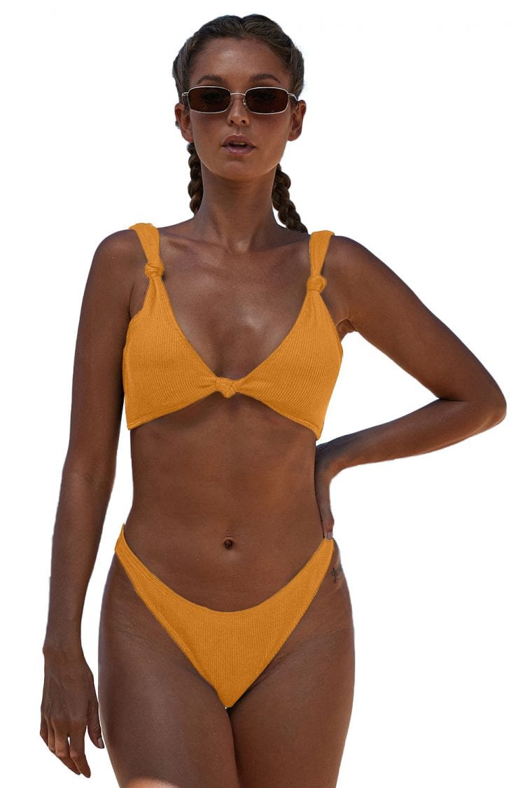 Danni Women's Knotted Two Piece Push up Bikini Bathing Suit Yellow