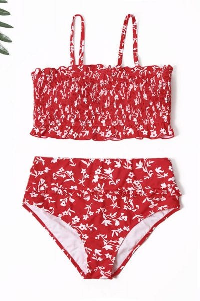 Ezra Women's Floral Print Ruffled Crop Top High Waisted Bikini Swimsuit Set Red