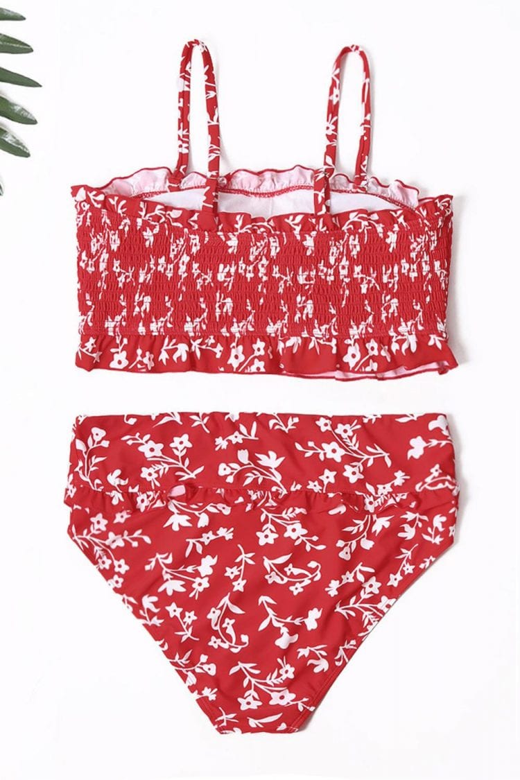 Ezra Women's Floral Print Ruffled Crop Top High Waisted Bikini Swimsuit Set Red