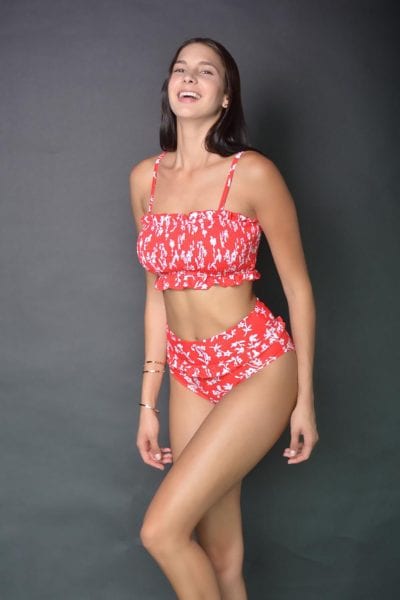 Ezra Women's Floral Print Ruffled Crop Top High Waisted Bikini Swimsuit Set Red