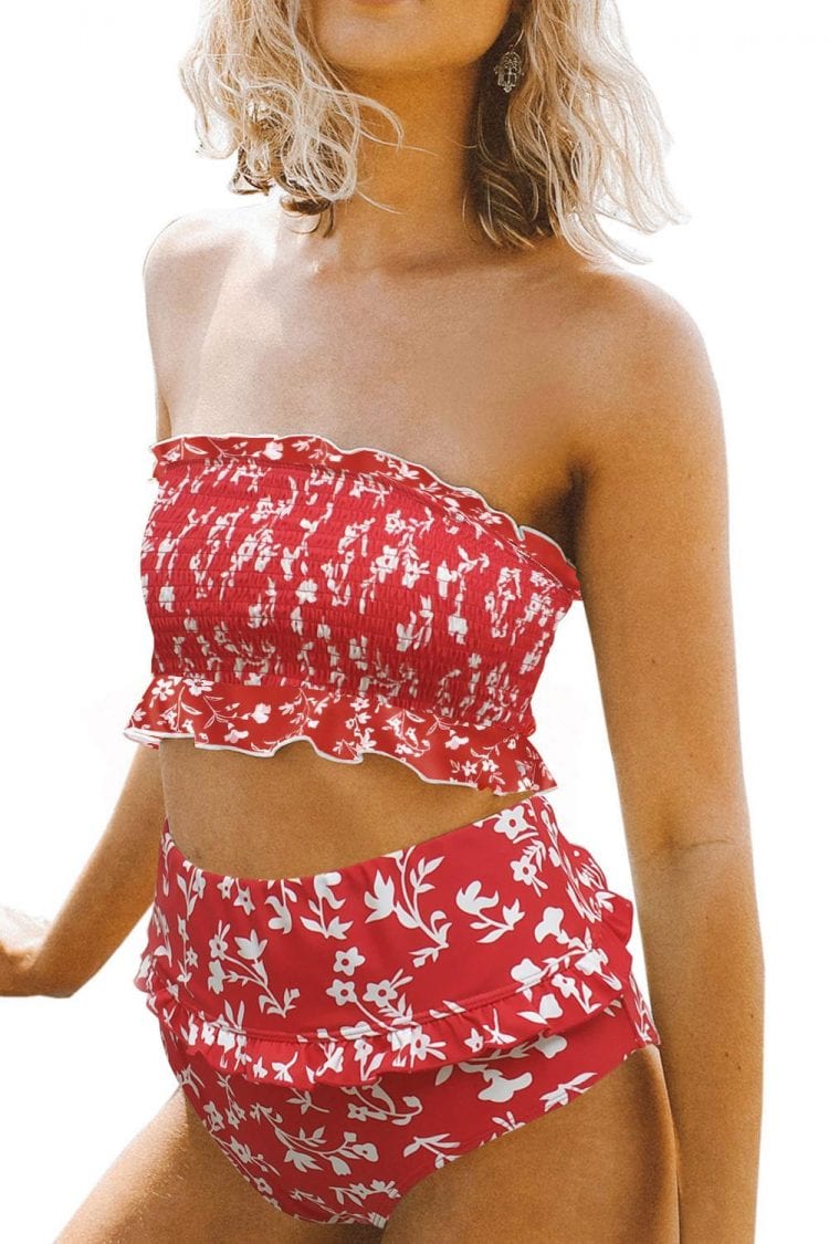 Ezra Women's Floral Print Ruffled Crop Top High Waisted Bikini Swimsuit Set Red