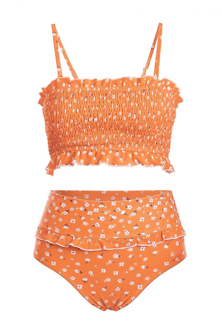 Fleur Women's Shoulder Straps Floral Print Ruffled High Waisted Bikini Swimsuit Orange