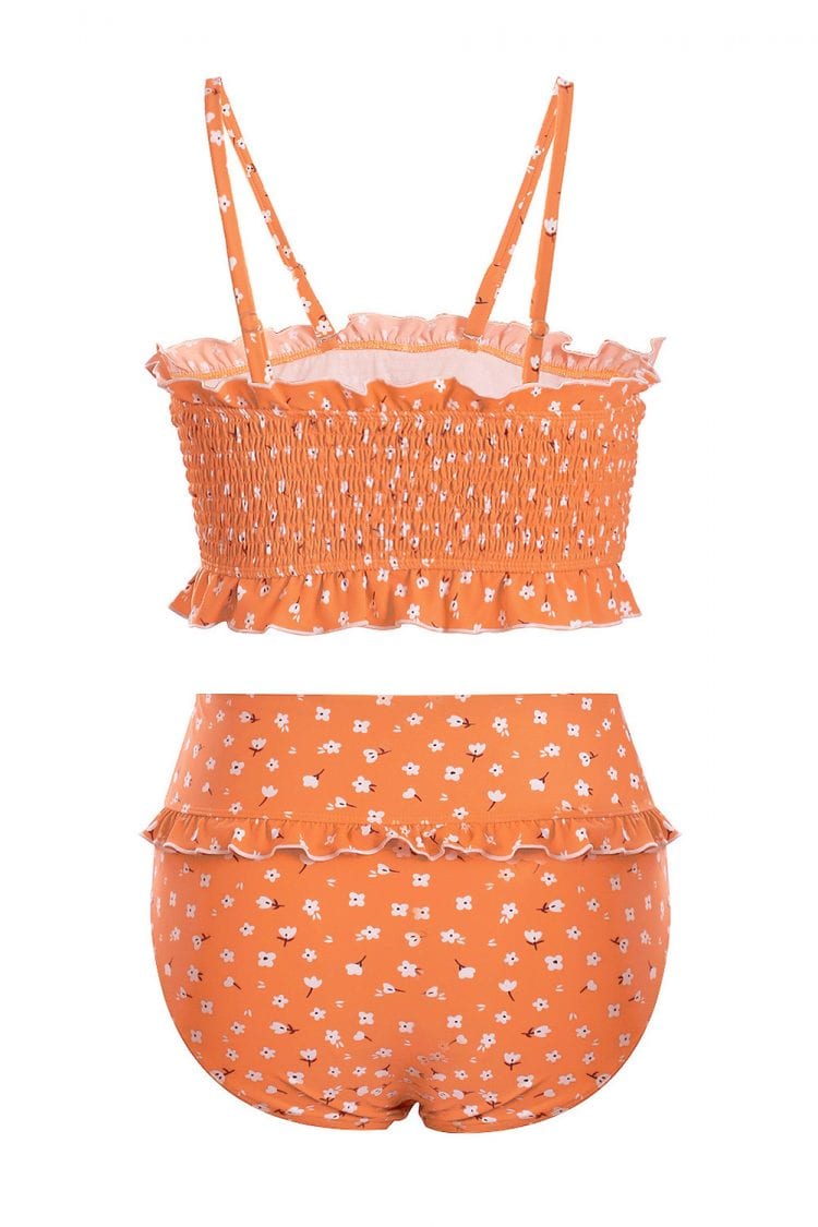 Fleur Women's Shoulder Straps Floral Print Ruffled High Waisted Bikini Swimsuit Orange