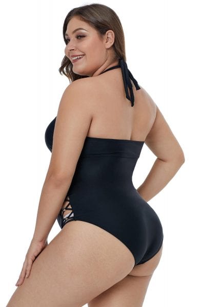 Ginny Strappy Front Open Back Crisscross Hollow-out Side Plus Size Swimsuit Black