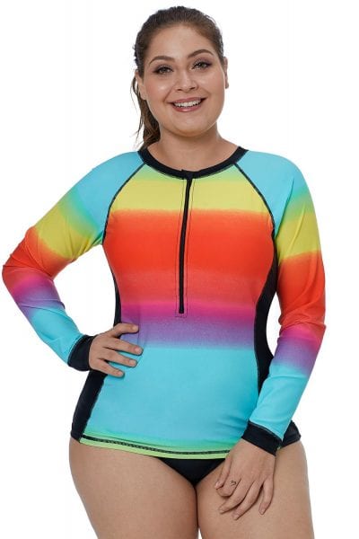 Isadora Women's Zip-Front Multicolor Striped Long Sleeve Tankini Rashguard Top