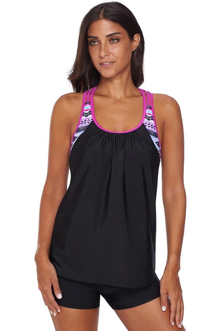 Suzanne Womens Printed Strappy Push up Tankini Top with Shorts Black