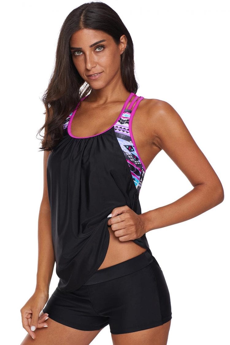 Suzanne Womens Printed Strappy Push up Tankini Top with Shorts Black