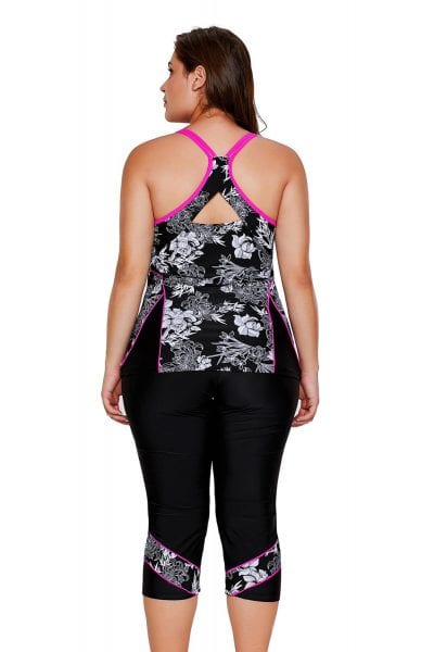 Lucinda Women's Flowery Print Plus Size Tankini and Capris Set Black