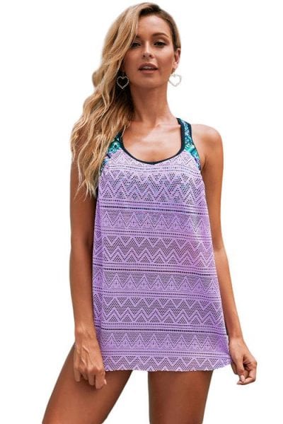 Greta Women's Lace T Back Printed Patchwork Vest Tankini Top Blue