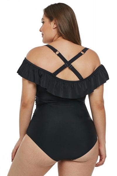 Rilke Ruched Ruffle Off Shoulder Plus Size One Piece Swimsuit Black