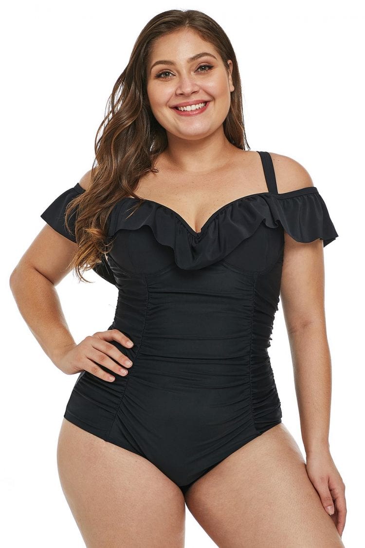 Rilke Ruched Ruffle Off Shoulder Plus Size One Piece Swimsuit Black