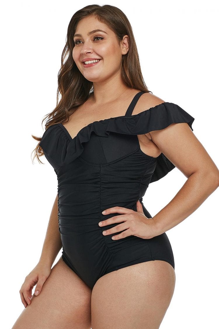 Rilke Ruched Ruffle Off Shoulder Plus Size One Piece Swimsuit Black