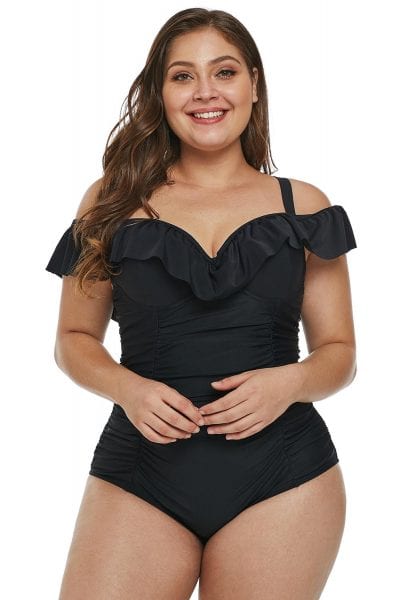 Rilke Ruched Ruffle Off Shoulder Plus Size One Piece Swimsuit Black