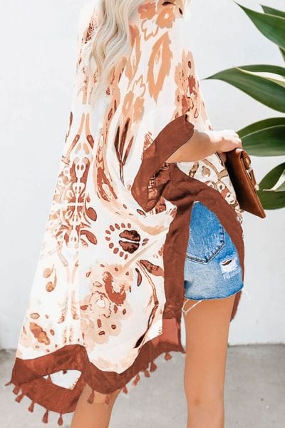 Sacha Bohemian Print Open Front Loose Kimono Beach Cover up Orange