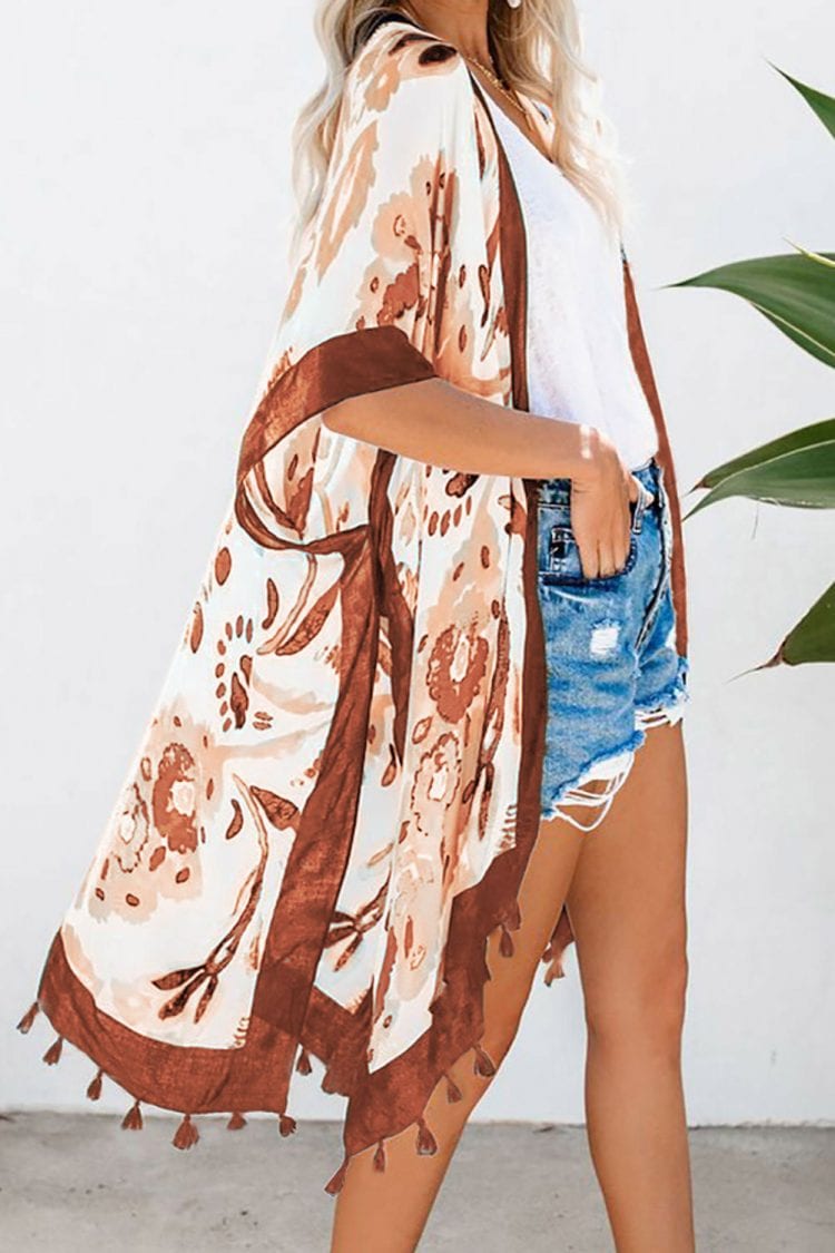 Sacha Bohemian Print Open Front Loose Kimono Beach Cover up Orange