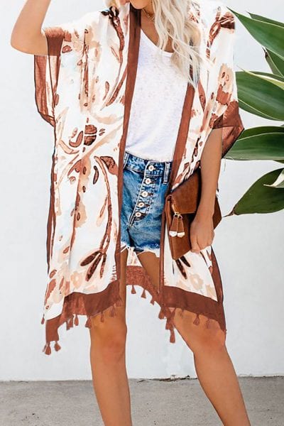 Sacha Bohemian Print Open Front Loose Kimono Beach Cover up Orange