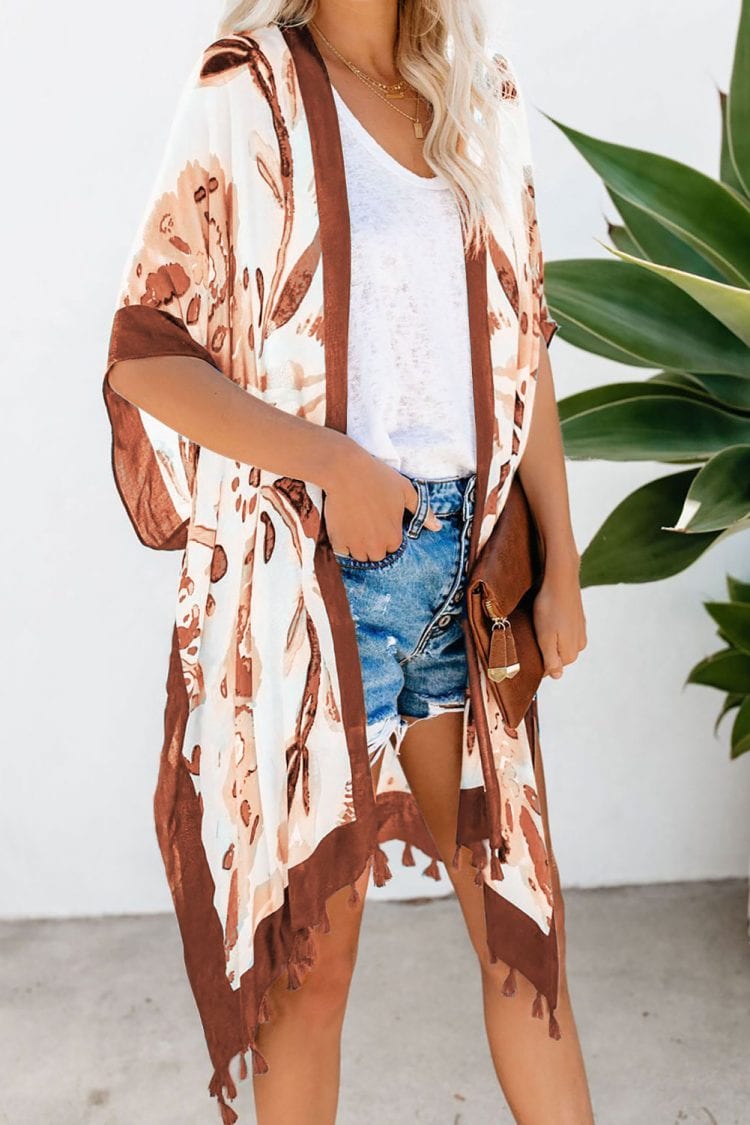 Sacha Bohemian Print Open Front Loose Kimono Beach Cover up Orange