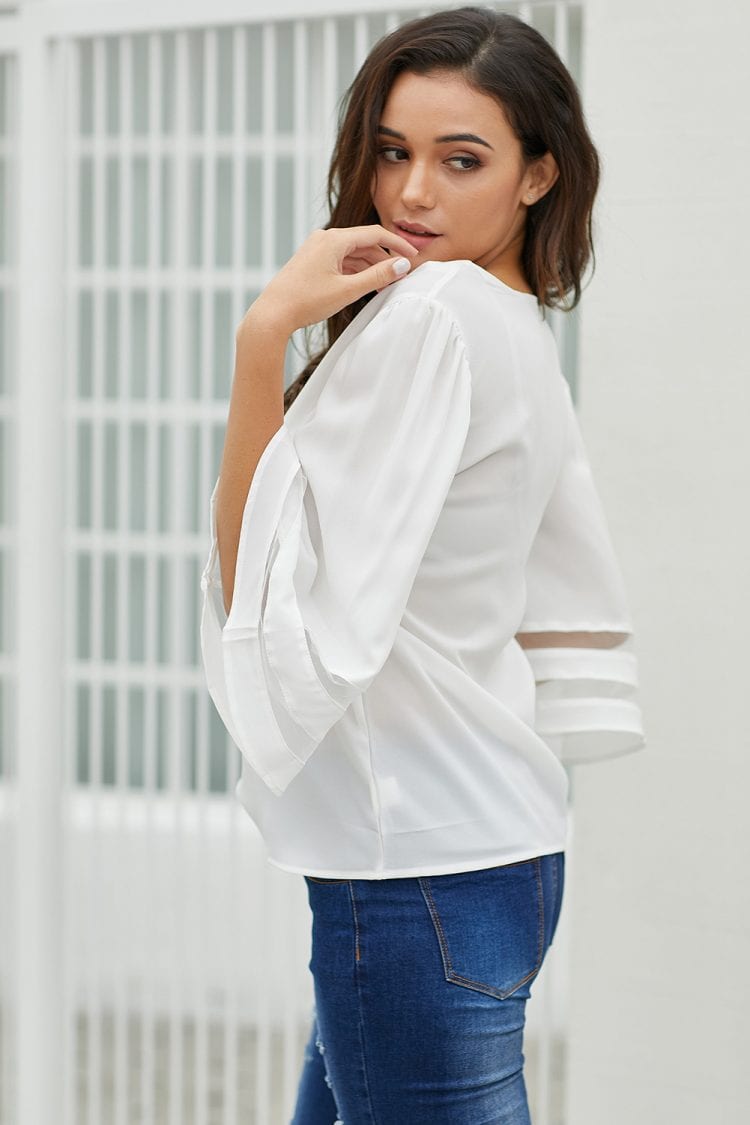 Adrienne Sexy V Neck Flare Sleeve Loose Blouse White