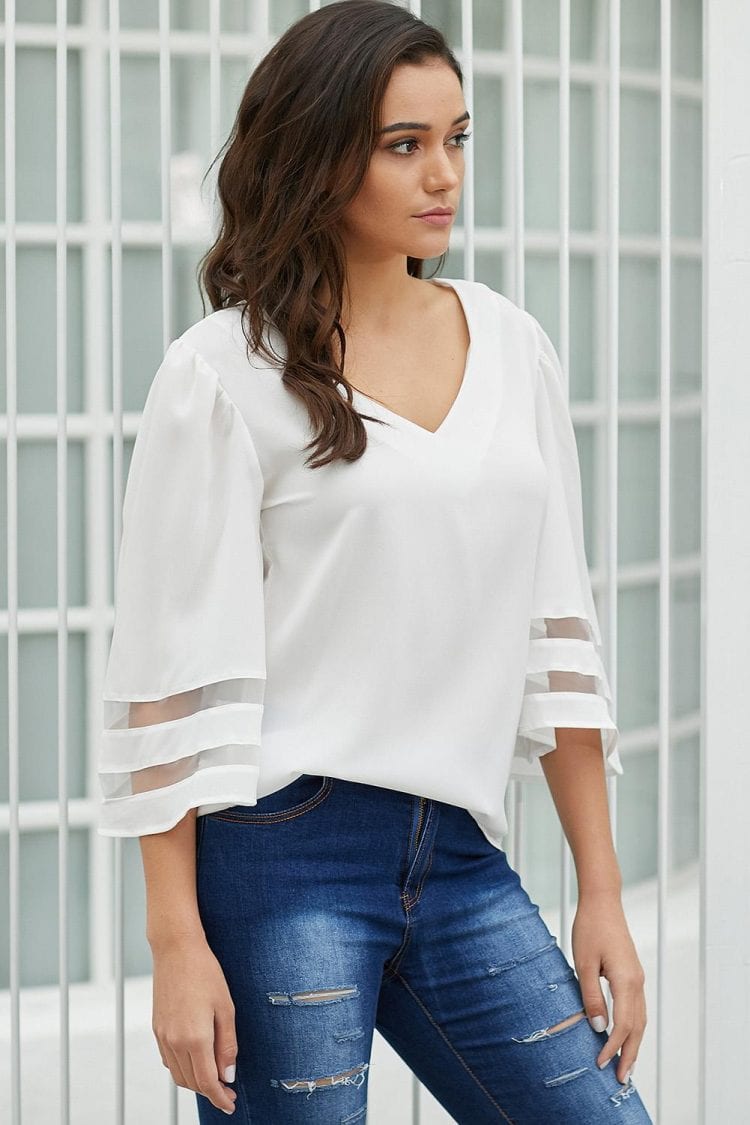 Adrienne Sexy V Neck Flare Sleeve Loose Blouse White