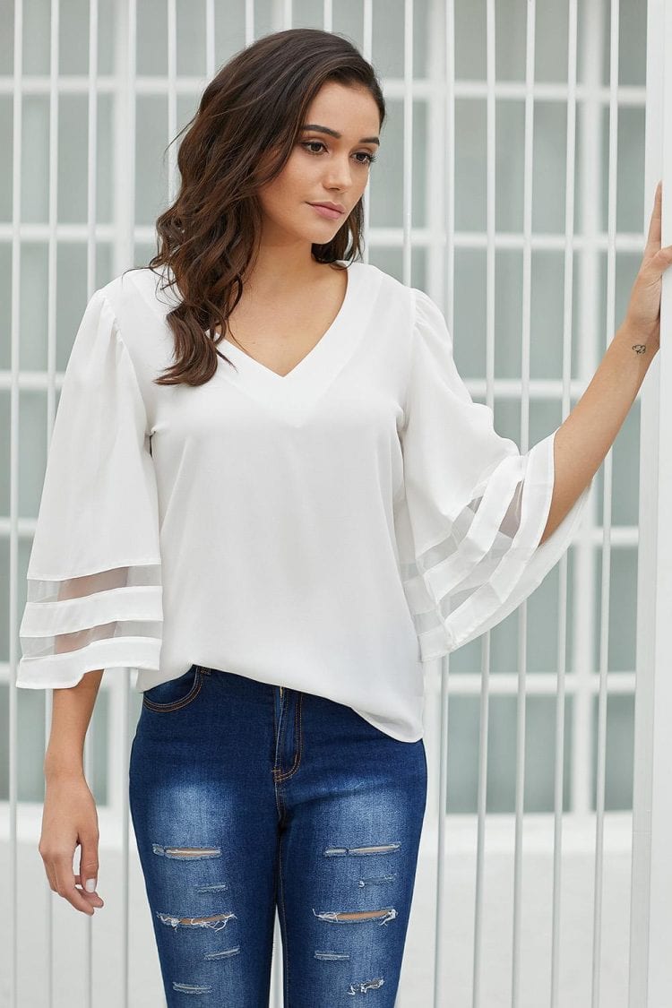 Adrienne Sexy V Neck Flare Sleeve Loose Blouse White