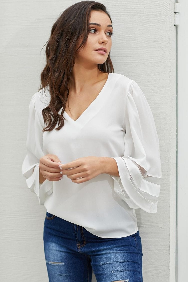 Adrienne Sexy V Neck Flare Sleeve Loose Blouse White