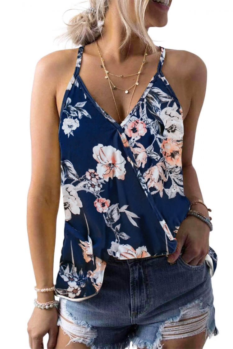 Aidy Women's Floral Print Sleeveless V-Neck Strappy Camisole Tank Top Blue