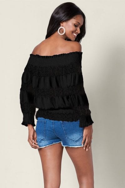 Alexis Off Shoulder Ruffle Long Sleeve Smocked Waist Lace Crochet Blouse Black