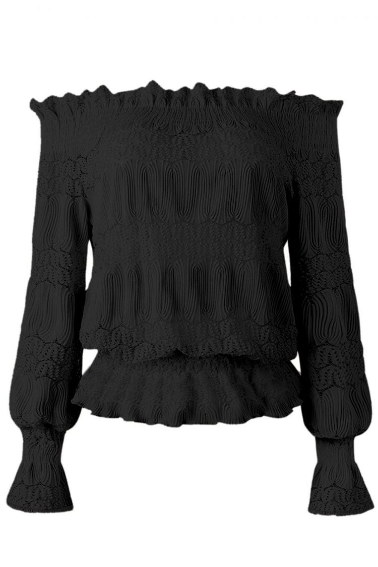 Alexis Off Shoulder Ruffle Long Sleeve Smocked Waist Lace Crochet Blouse Black