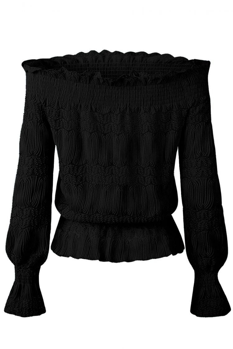 Alexis Off Shoulder Ruffle Long Sleeve Smocked Waist Lace Crochet Blouse Black