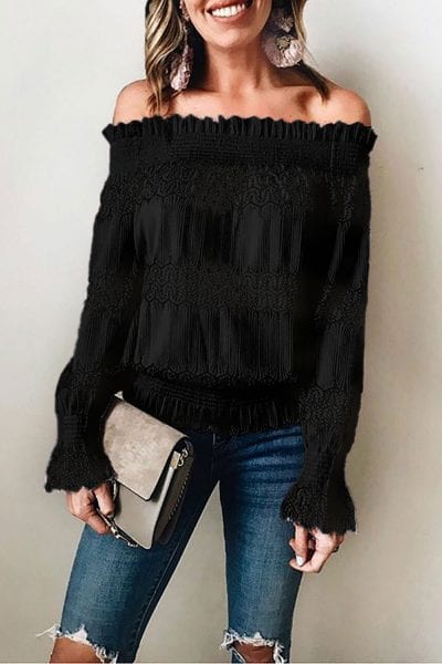 Alexis Off Shoulder Ruffle Long Sleeve Smocked Waist Lace Crochet Blouse Black