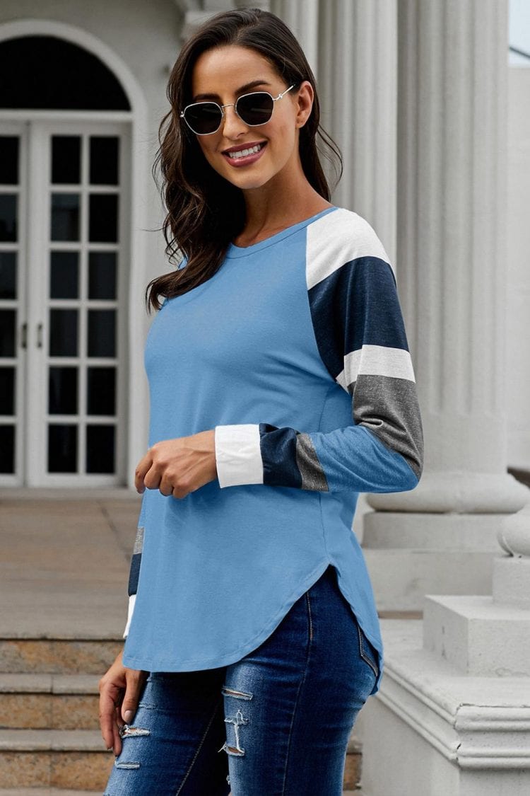 Breanna Round Neck Color Block Long Sleeves Pullover Top Black