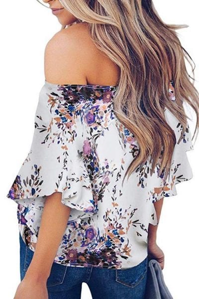 Letty Women's Off Shoulder Floral Print Tie 3/4 Sleeves Chiffon Blouse White