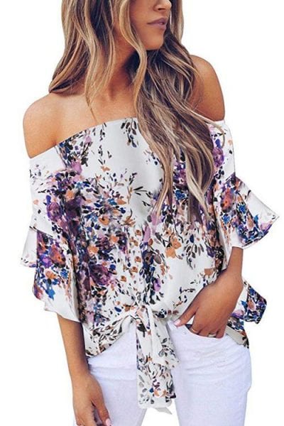 Letty Women's Off Shoulder Floral Print Tie 3/4 Sleeves Chiffon Blouse White