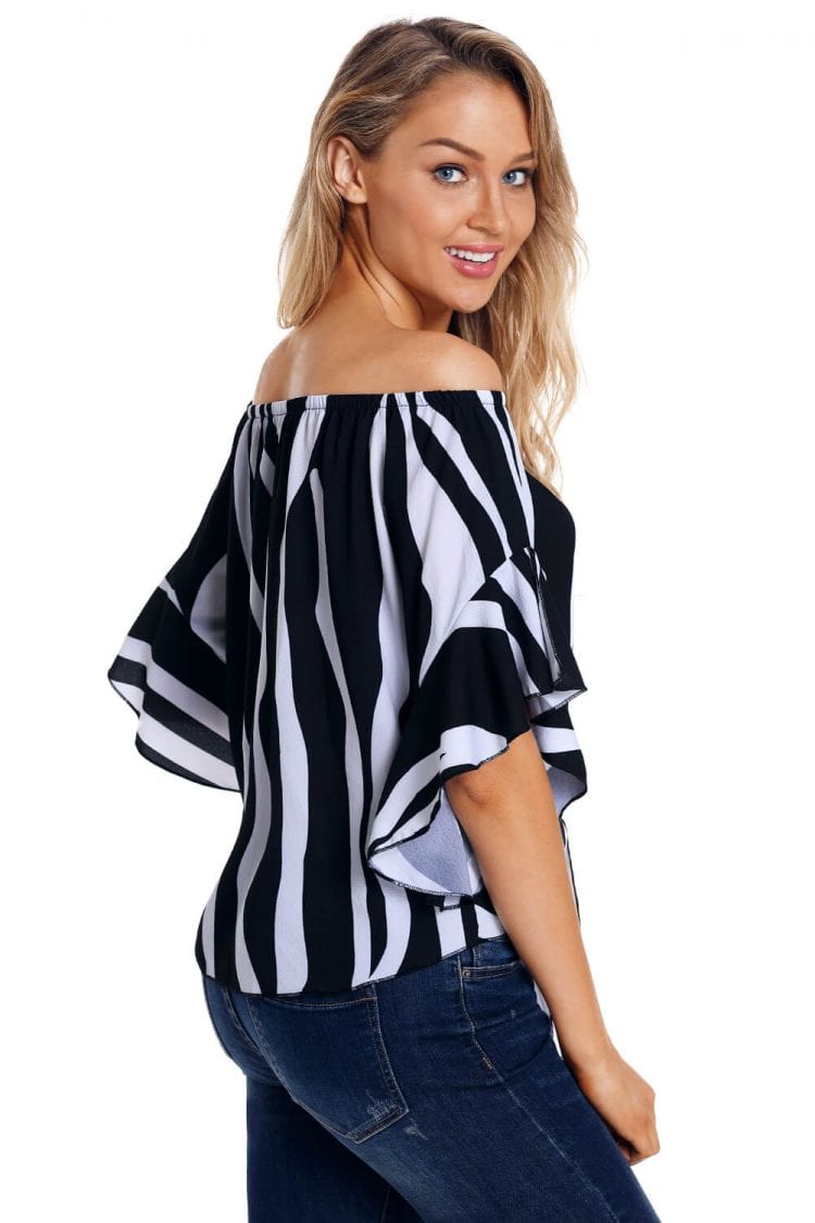 Devin Women's Off The Shoulder 3/4 Bell Sleeve Vertical Stripes Blouse Black