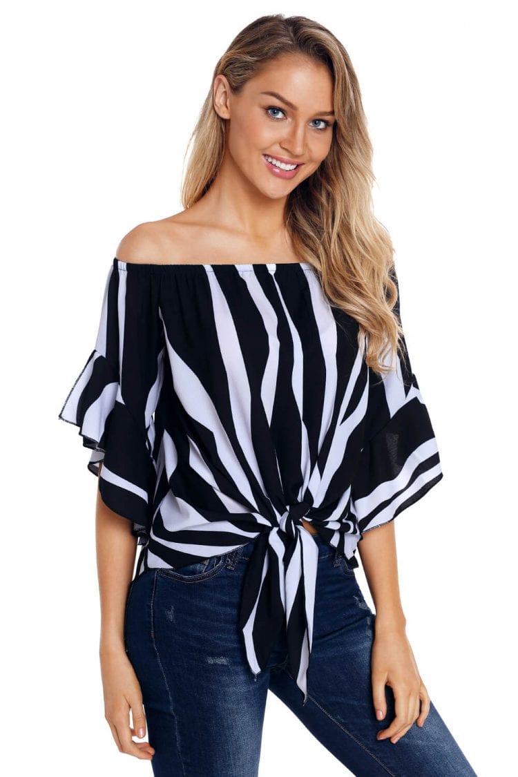 Devin Women's Off The Shoulder 3/4 Bell Sleeve Vertical Stripes Blouse Black