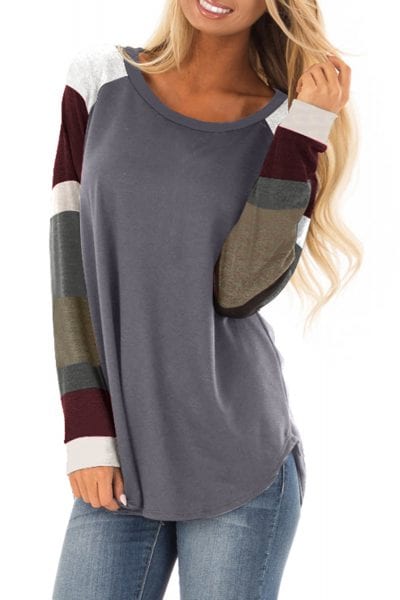 Breanna Round Neck Color Block Long Sleeves Pullover Top Black