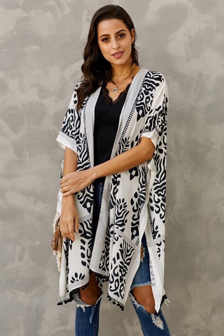 Edith Women Bohemian Print Kimono Loose Beach Cover Up Black