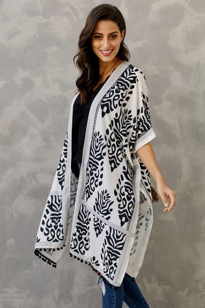 Edith Women Bohemian Print Kimono Loose Beach Cover Up Black