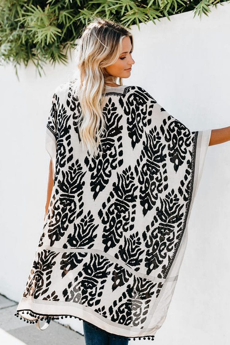 Edith Women Bohemian Print Kimono Loose Beach Cover Up Black