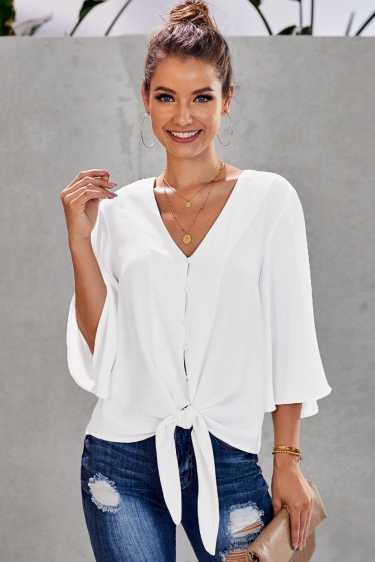 Elodie Women's Casual 3/4 Tiered Bell Sleeve V Neck Loose Tops Blouses Shirt White