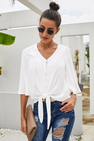 Elodie Women's Casual 3/4 Tiered Bell Sleeve V Neck Loose Tops Blouses Shirt White