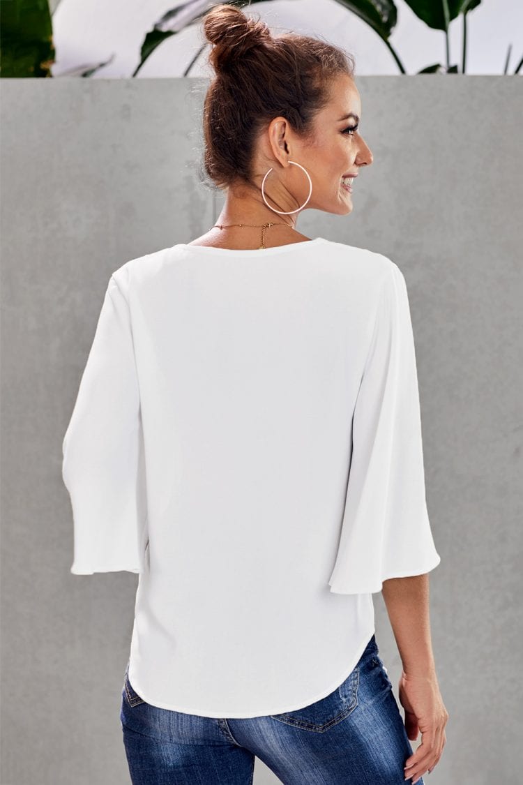 Elodie Women's Casual 3/4 Tiered Bell Sleeve V Neck Loose Tops Blouses Shirt White