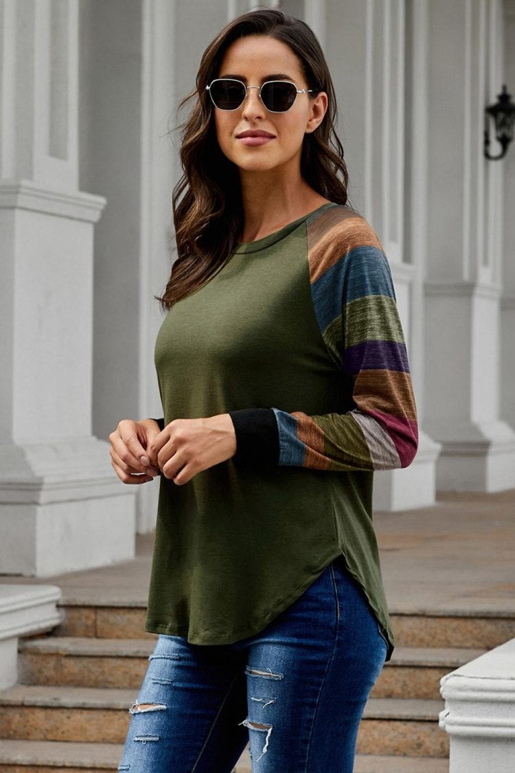 Breanna Round Neck Color Block Long Sleeves Pullover Top Black