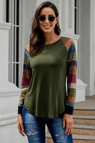 Breanna Round Neck Color Block Long Sleeves Pullover Top Black