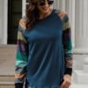 Breanna Round Neck Color Block Long Sleeves Pullover Top Black